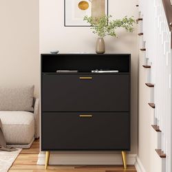 Shoe Cabinet for Entryway Slim, Black Shoe Storage Cabinet with 2 Flip Drawers, Narrow Shoe Rack Cabinet, Freestanding Shoe Cabinet Organizer with Ope