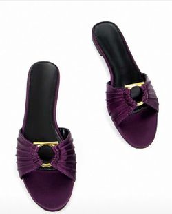 Purple Satin Slide Sandals with Gold Hardware
