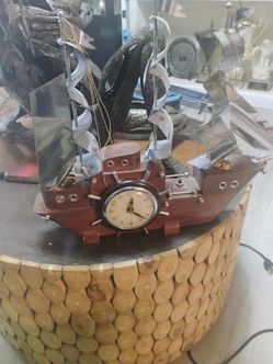 Vtg MCM United Solid Wood Electric Nautical Clipper Sailing Ship Clock