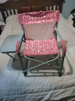 Pink and White Floral Folding Chair - Feature's A Built In Side Table. A Sturdy Gray Metal Frame. Childs Chair.
