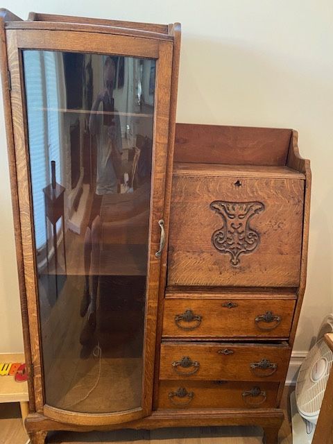 Victorian Oak Side-by-side Secretary/curio Cabinet With Curved Glass Door