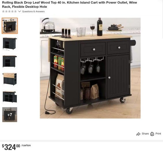 Rolling Black Drop Leaf Wood Top 40 in. Kitchen Island Cart with Power Outlet, Wine Rack, Flexible Desktop Hole