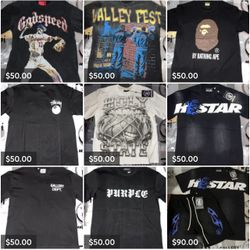 T-Shirts Hellstar, Gallery Dept, Godspeed, vale, Bape, Purple Brand, Stussy