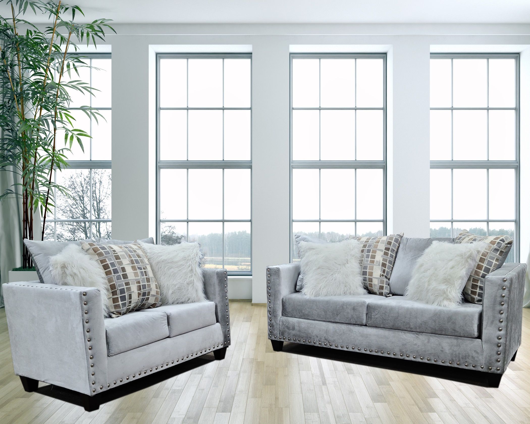SILVER SUPER SOFT VELVET SOFA AND LOVESEAT COUCH SET 