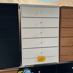 New White Wood 5 Drawer Chest Dresser With Diamond Knob Handles 