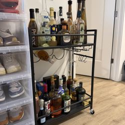 Black Rolling Bar Cart w/ Mirror Glass Shelves - LIKE NEW