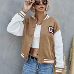 Number Patched Color Block Varsity Brown Jacket S Size
