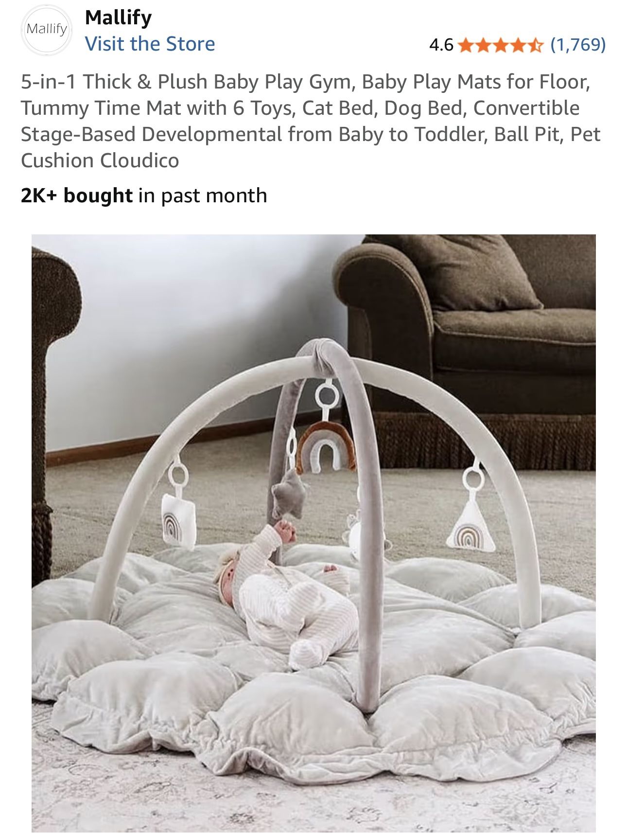 5-in-1 Thick & Plush Baby Play Gym, Baby Play Mats for Floor, Tummy Time Mat with 6 Toys, Cat Bed, Dog Bed, Convertible Stage-Based Developmental from