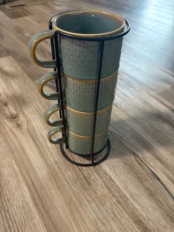 Stacking Ceramic Mugs Set with Metal Rack