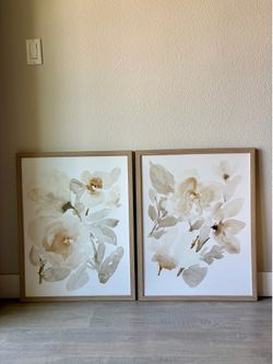 Set of 2 Large Neutral Floral Framed Wall Art