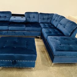 New Julia Blue Reversible Sectional w/ Drop Down and Storage Ottoman