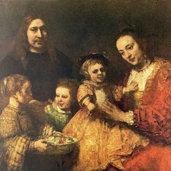 FAMILY PORTRAIT, 1667 REMBRANDT Original Vintage Fine Art 50’s Print USA Printed Antique Dutch Painter Collectible