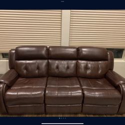 Power Reclining Leather Couch - Brown (Headrests Adjust Also)