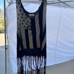 Black & Beige Fringed American Flag Shirt