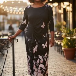 Black Butterfly-Print Ruched Midi Dress
