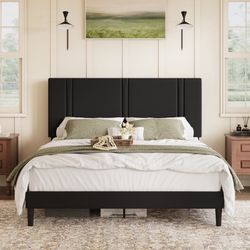 Cal king Modern Low-Profile Velvet Upholstered Platform Bed Frame With Headboard