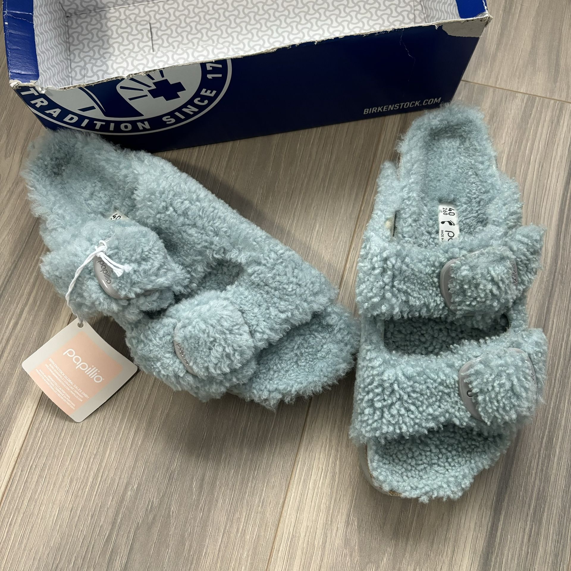 Blue Fuzzy Birkenstock Sandals