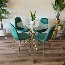 Emerald Green Gold Velvet Glass Dining Set 