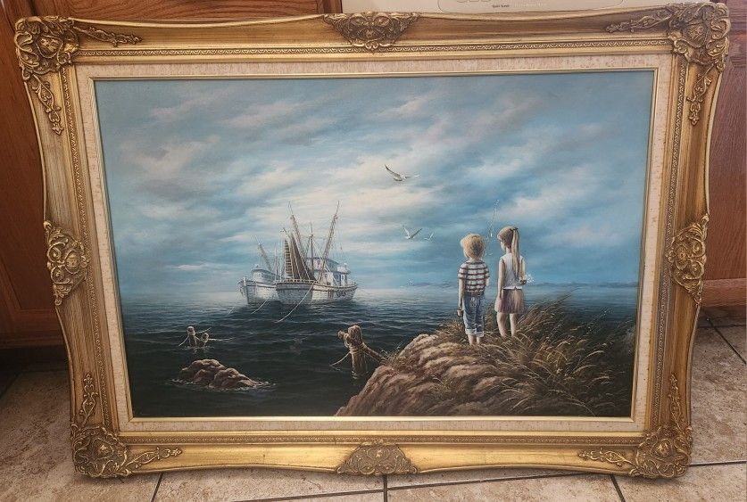 ORIGINAL GUILIANO "Dreams by the Sea" Seascape Canvas Painting Antique Gold Gilded Wood Frame RARE Make Offers