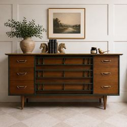 Set Of Refinished Mid-Century Modern Dressers – Honey Wood + Deep Green | Unique Design