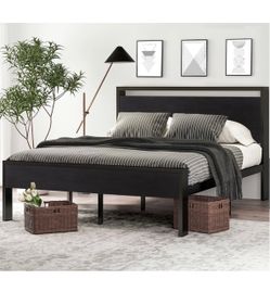 SHA CERLIN Black14 Inch Queen Size Metal Platform Bed Frame with Wooden Headboard and Footboard, Mattress Foundation, No Box Spring Needed, Large Unde
