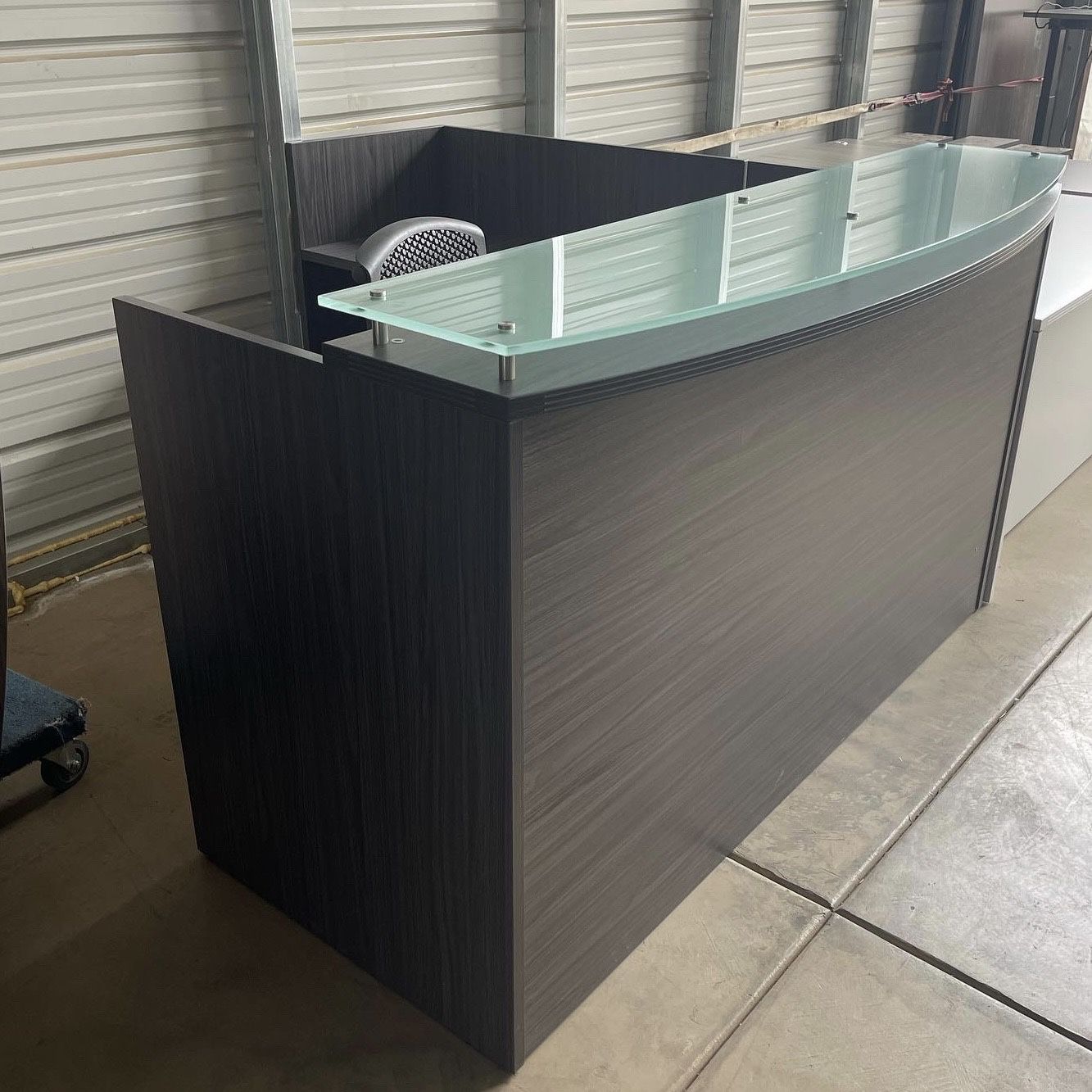 Brown L Shaped Reception Desk With Glass And Pedestal