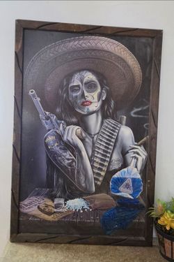 🌹💀 Large Mexican Catrina / Chicana Framed Wall Art 35” x 23”