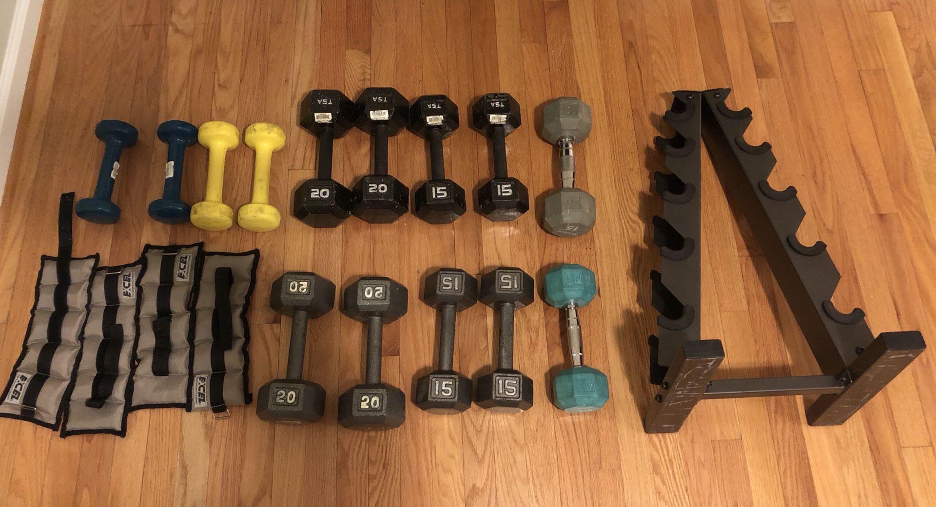 Exercise equipment- dumbbells and weight rack