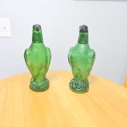 2 Vintage Green Glass Bald Eagle Decanters