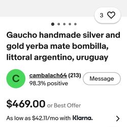 Gaucho handmade silver and gold herbal mate bombilla littoral Argentina uruguay