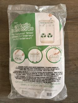 Pop-Up Trash Bin, which is a disposable, tall kitchen-sized bag with a drawstring closure. It is designed for use at parties 