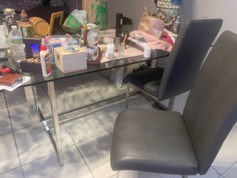 Glass dining table with 2 chairs and bench