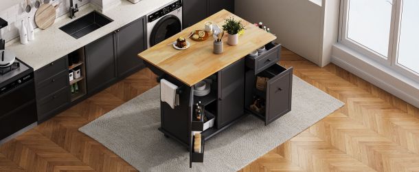 Functional Kitchen Island with Drop Leaf, in Black