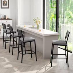 Metal Outdoor Bar Stool with Cushion in Light Gray 6-Piece
