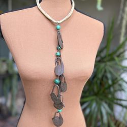 Vintage Artisan Made Brutalist Abstract Copper & Malachite Necklace