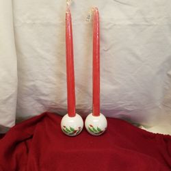 Set Of 2 Vintage Robert Allen Red Tapered Candles With 2 Holly Candle holders
