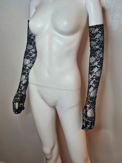 Womens Bedazzled Black Floral Sheer Lace Long Opera Gloves with Sparkle