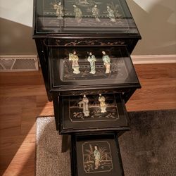 VINTAGE CHINESE NESTING/ STACKING TABLES (4) MOTHER OF PEARL JADE STONE CARVINGS