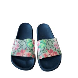 Gucci Blooms Supreme Floral Canvas GG Slide Sandals Shoes EU 38 US 8