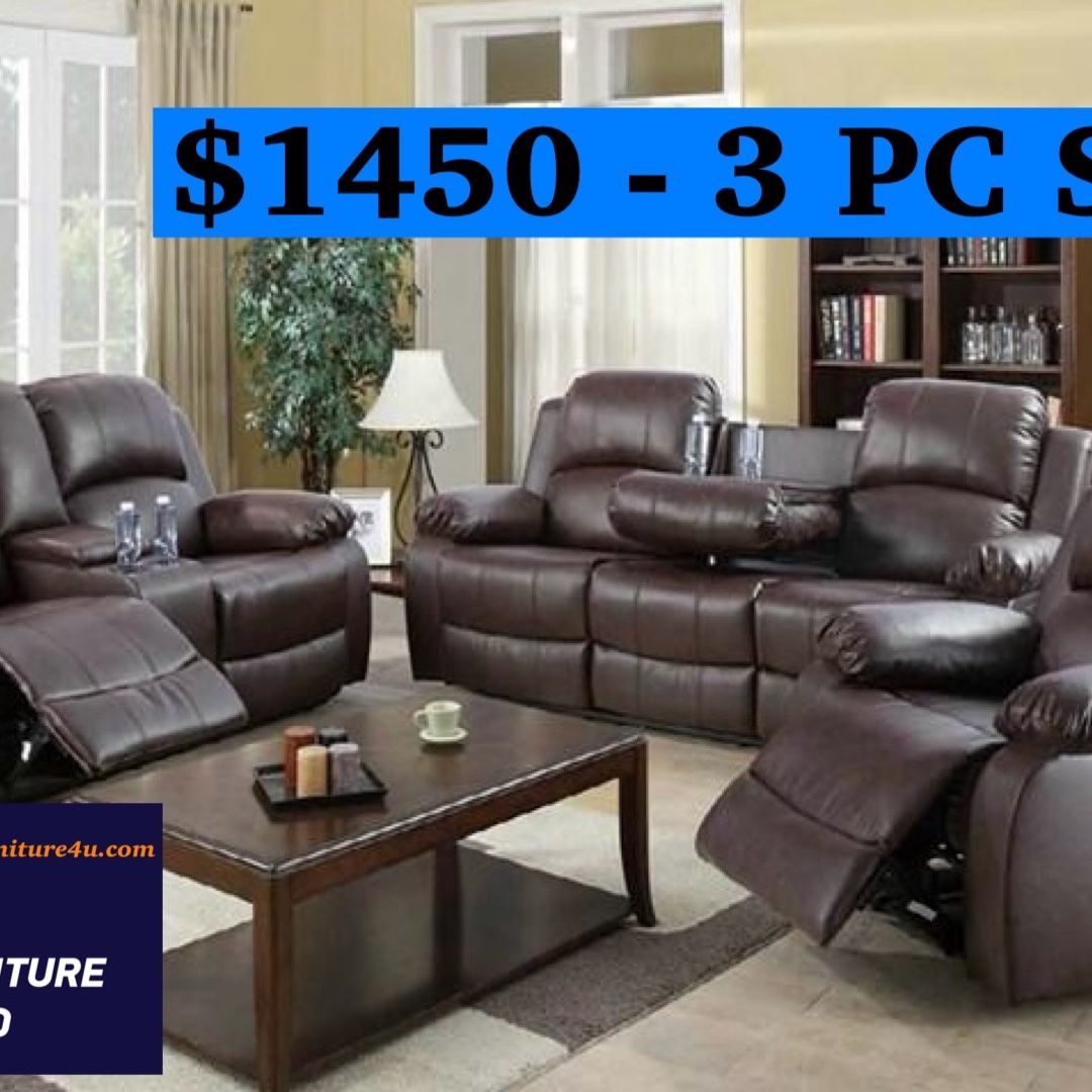 Brand New 3PC Reclining Sofa Loveseat Chair Set 