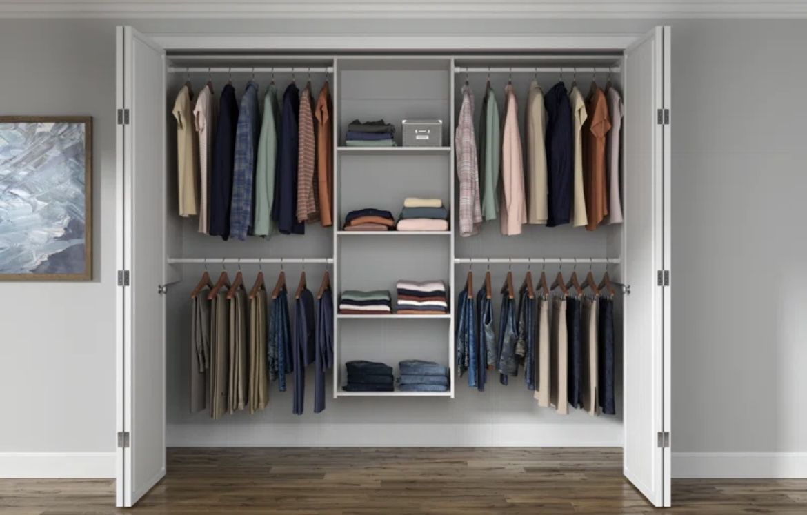 Deluxe Starter Closet Storage Wall Mounted Wardrobe Organizer System Kit with Shelves and Rods in White for Bedroom with Hardware