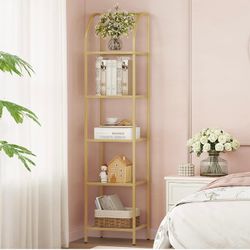 Bookcase Bookshelf, Tempered Glass Arched Bookshelf for More Storage, Slim Shelving Unit for Bedroom, Bathroom, Home Office, Steel Frame, 5 Tier Gold 