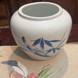 Vintage Chinese/japanese Blue & White Ceramic Vase or Pot for Planting W/ Bamboo Motifs