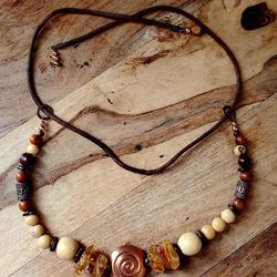 Luxury necklace primitive jewelry design statement Amber Copper and wood beads