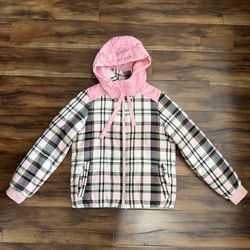 Ci Sono Pink Plaid Hooded Puffer Jacket