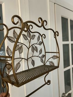 Gold Metal Wall Shelf with Leaf Design