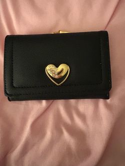 Black Leather Wallet with Gold Heart Clasp