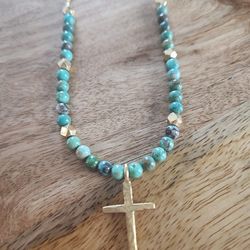 Hammered Gold Cross Turquoise Necklace