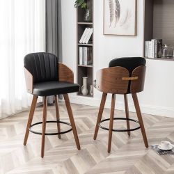 Set of 2, Swivel Bar Stools with Back and Arms Leather Barstools Upholstered Mid Century Counter Stools for Kitchen Island, 26 Inch Black