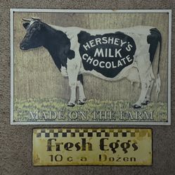 Hershey Milk Cow / Eggs Metal Sign (2) Display / Man Cave / Kitchen / Farm